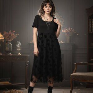 Midi Dress Butterflies Velvet Whimsigoth Witchy Black Short Sleeve Womens sz XL